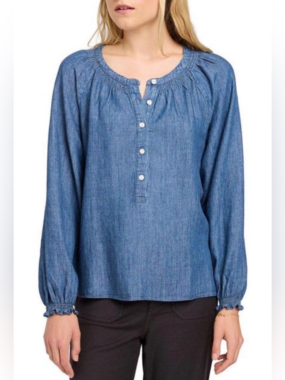Faherty Women’s Chambray Peasant Blouse Linen Blend Size Medium